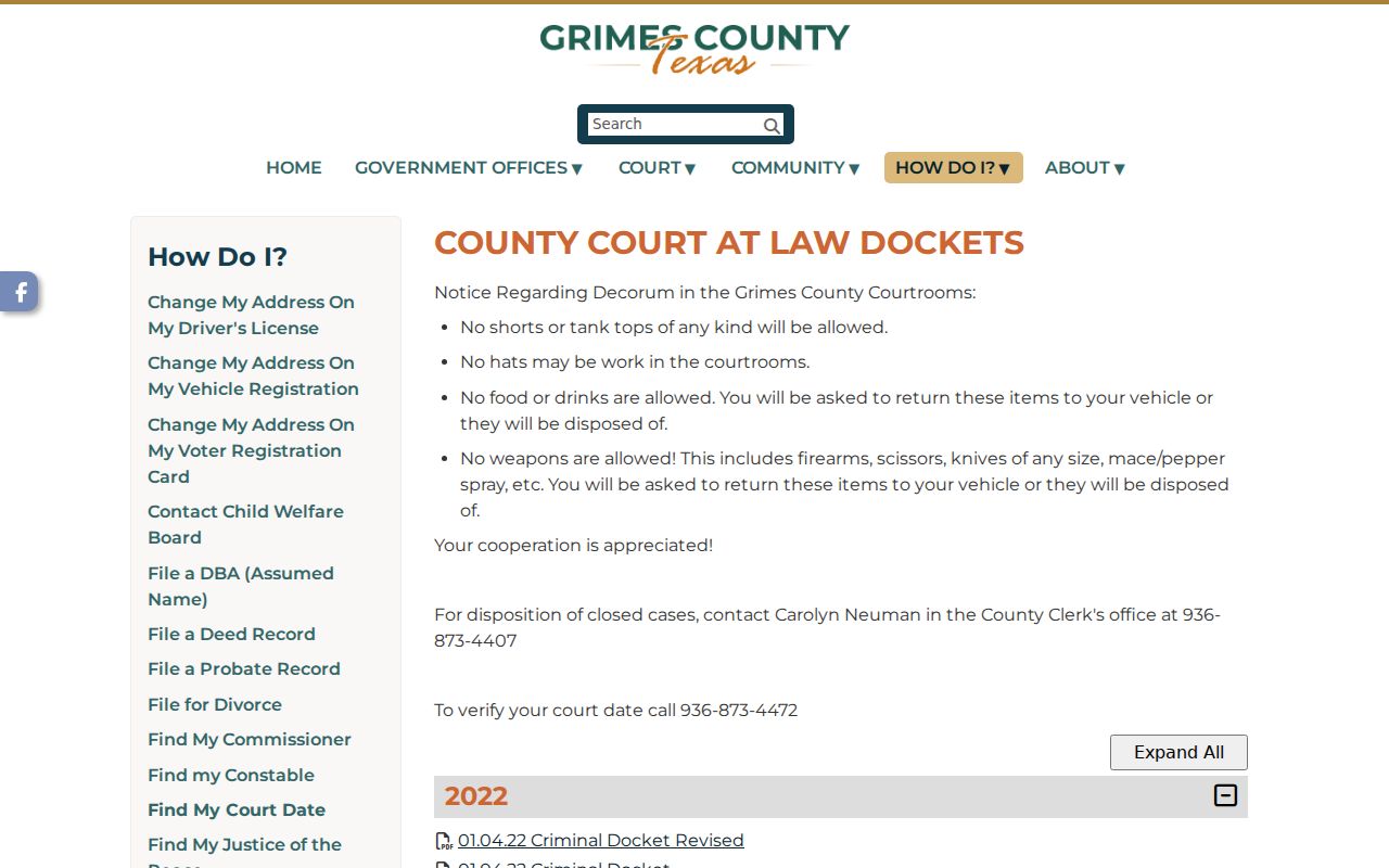 Grimes County court calendar docket archive