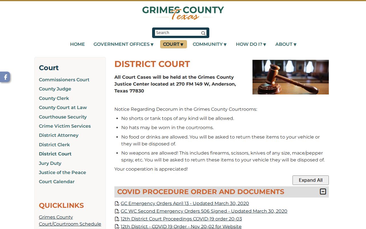 Grimes County court calendar Justice Center page