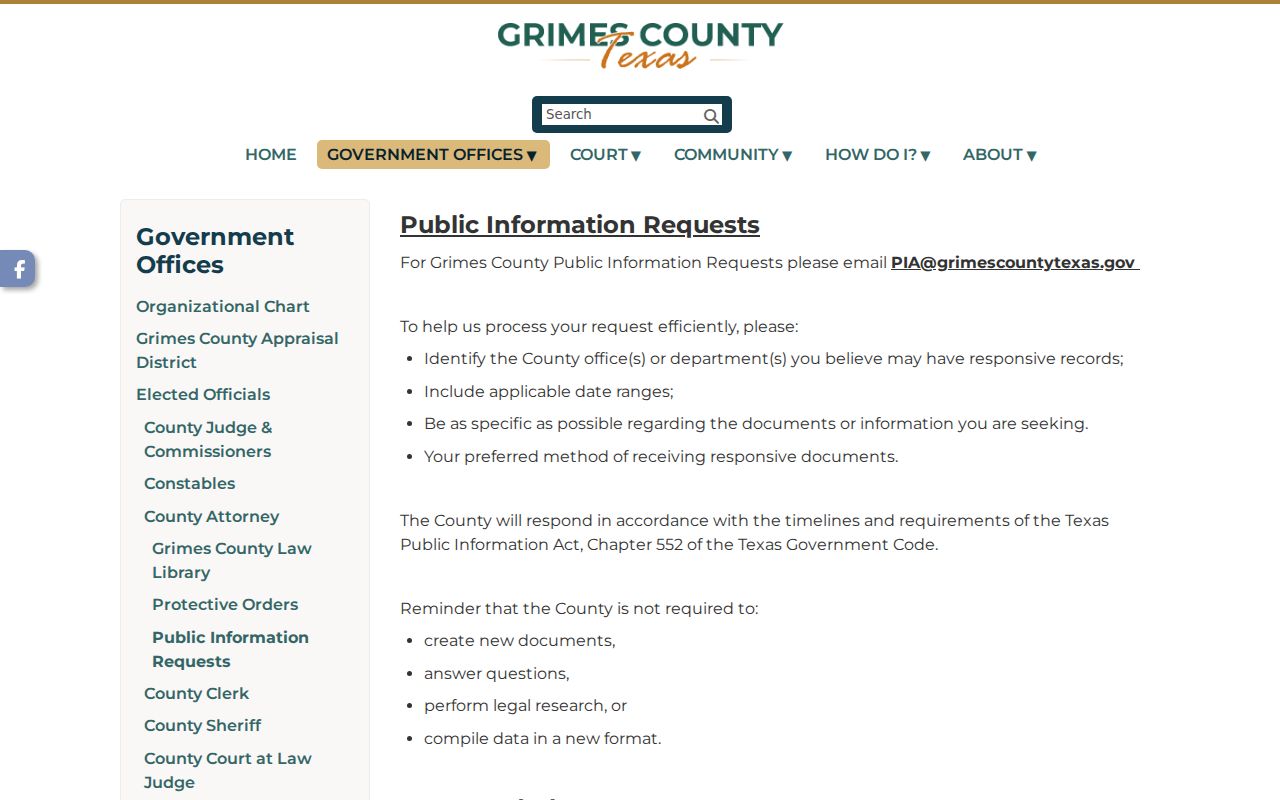 Grimes County court records public information request page